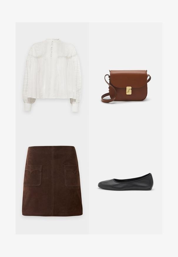 Blouse blanche à col montant, fermeture à boutons, devant texturé et manches bouffantes avec tissu plissé et poignets élastiques.; Jupe en suède marron présentant une silhouette A-line classique, deux poches avant avec des rabats arrondis et des détails de couture discrets.; Ballerines en cuir noir avec un bout rond, texture lisse, détails de couture minimalistes et design de semelle flexible.; Sac à main en cuir marron avec une fermeture à rabat, des accents en métal doré, une bandoulière et une texture lisse. Forme rectangulaire compacte.