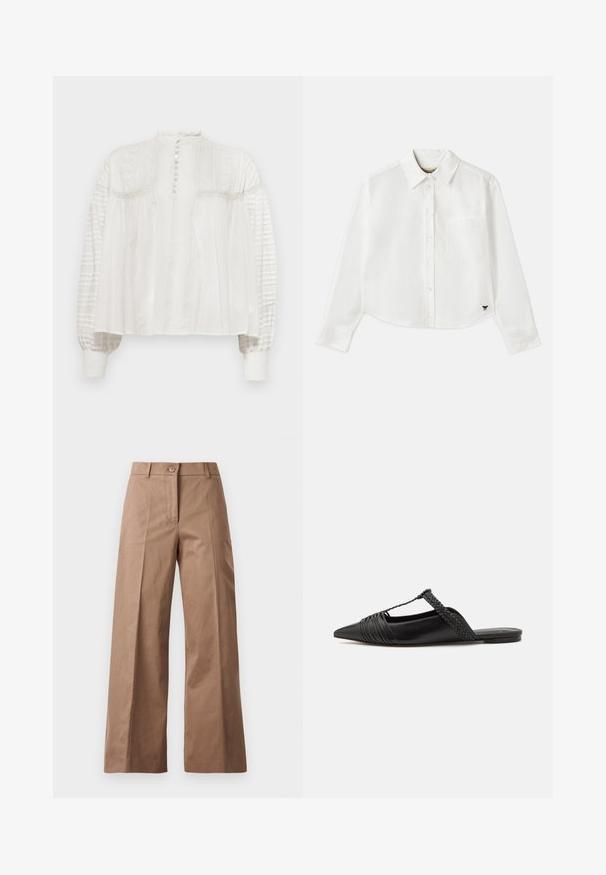 Blusa bianca con collo alto, chiusura con bottoni, anteriore testurizzato e maniche puff, caratterizzate da tessuto plissettato e polsini elastici.; Camicia bianca a maniche lunghe e taglio corto in cotone. Presenta una chiusura con bottoni sul davanti, una tasca sul petto e un piccolo logo nero in basso a sinistra.; Pantaloni larghi marroni realizzati in un tessuto morbido, con chiusura frontale con bottone, due tasche anteriori e linee pulite e sartoriali.; Scarpa slingback in pelle nera con punta appuntita, con un dettaglio intrecciato e un design superiore plissettato. Suola piatta con hardware minimale.