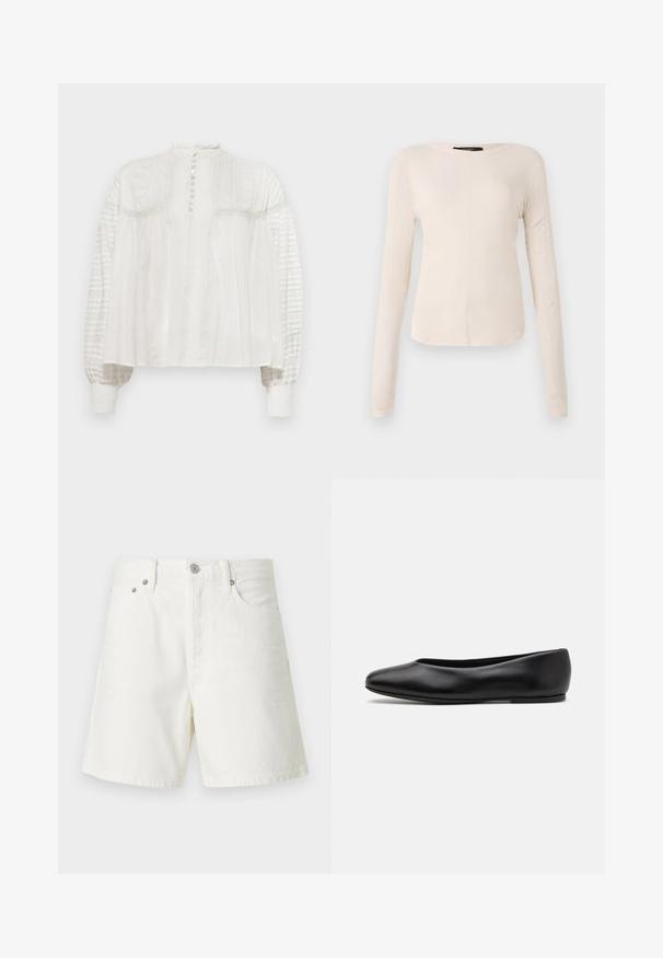 Blouse blanche à col montant, fermeture à boutons, devant texturé et manches bouffantes avec tissu plissé et poignets élastiques.; Haut à manches longues, beige clair avec un col rond. Fait dans un tissu doux, il présente une couture centrale et un ourlet légèrement courbé. Pas de métal visible.; Shorts en denim blanc avec une coupe droite, un design à cinq poches, une fermeture à bouton à l'avant, des détails en métal argenté et des coutures décoratives.; Paul Smith TOPANGA - Ballerines - black