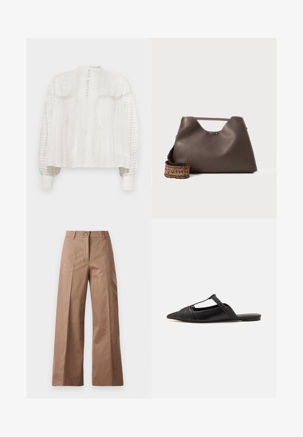 White blouse with a high neck, button closure, textured front, and puffed sleeves featuring pleated fabric and elastic cuffs.; Brown wide-leg trousers made from a smooth fabric, featuring a front button closure, two front pockets, and clean, tailored lines.; Black leather slingback shoe with a pointed toe, featuring a woven accent and pleated upper design. Flat sole with minimal hardware.; Brown leather handbag with a textured finish, angular design, and a distinctive top handle. Features a patterned woven strap detail.
