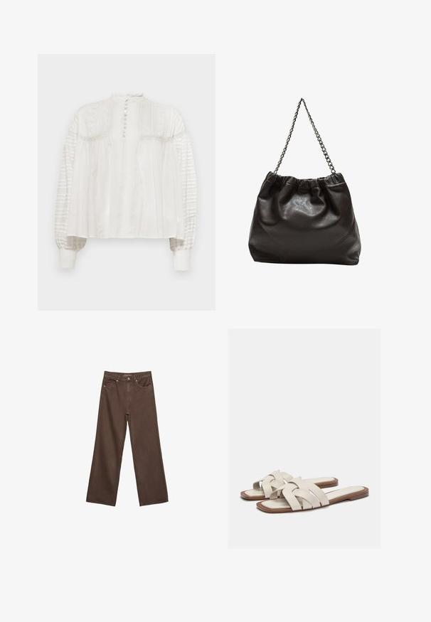 Vit blus med hög krage, knappstängning, texturerad framdel och puffärmar med plisserat tyg och elastiska ärmslut.; Breda bruna jeans i denim med hög midja, framfickor och klassisk knäppning. Slät textur med subtil sömnad.; Ljust beige glidande sandaler med vävda remmar, med en platt sula och minimalistisk design. Slät textur med subtila färgkontrastaccenter.; Brun läderväska med rynkad topp och kedjesnodd. Slät textur med en blankslipad yta och subtila sömdetaljer på sidorna.