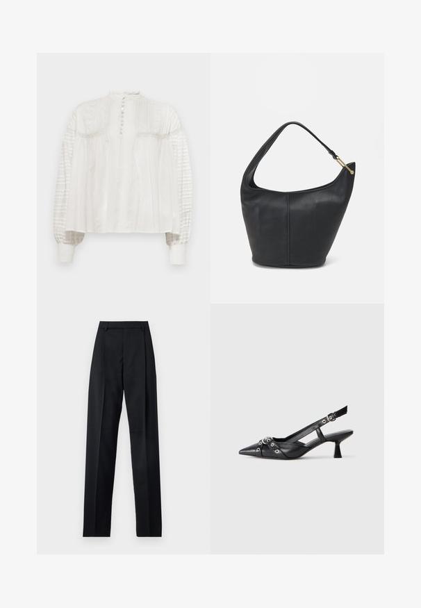 Biela blúzka s vysokým golierom, zapínaním na gombíky, textúrovaným predným dielom a vypchatými rukávmi, ktoré majú skladanú látku a elastické manžety.; Čierne nohavice vyrobené z hladkej látky s vysokým pásom, širokými nohavicami, prednými záhybmi a klasickými pútkami na opasok. Žiadne bočné vrecká nie sú viditeľné.; Čierne kožené slingback topánky s špicatou špičkou, ozdobnými popruhmi s kovovými očkami a nízkym blokovým podpätkom. Textúrovaný povrch.; Čierna kožená kabelka zaobleného tvaru, so širokým popruhom a textúrovaným povrchom. Obsahuje jemný šev a zlaté kovanie.