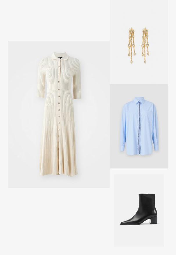 Lysblå langærmet skjorte med spids krave, frontlukning med blomstermønster og en lomme på venstre bryst. Glat stoftekstur.; Maje RULEXY - Maxikjoler - beige; Sort læder ankelstøvle med spidse tæer, glat tekstur og mellemhøj blokhæl. Minimalistisk design, lynlås lukning bagpå.; Maje MISS MINI - Skuldertasker - noir; Guldtonede øreringe med flere kaskadende kæder, der har klare ovale rhinestein-accenter og dekorative studtoppe.