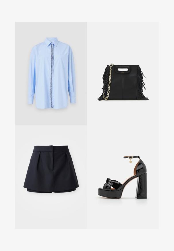 Light blue long-sleeve shirt with a pointed collar, front closure featuring a floral pattern, and a left chest pocket. Smooth fabric texture.; Navy pleated shorts with a high waist, made from smooth fabric. Features a fitted design and hidden front pocket.; Maje High heeled sandals - noir; Black leather handbag with fringe details, gold chain shoulder strap, and a cut-out handle. Features logo placement on the front.