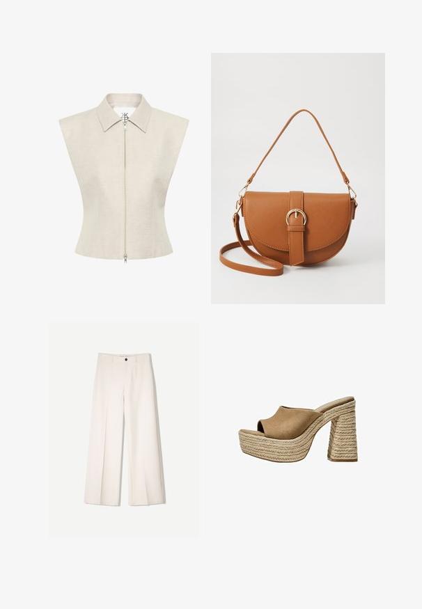 Beige ujjatlan blúz hegyes gallérral és elől cipzárral. Textúrált anyagból készült, testre szabott fazonnal és minimális dizájn részletekkel.; Tejbézs széles lábú nadrág, szabott kialakítással, két elülső zsebbel és egyetlen elülső gombos záródással, sima anyagból készült.; Barna velúr platform mules, nyitott orral, vastag, fonott juttalány sarkukkal és sima, kerek felső konstrukcióval.; Barna bőr keresztbody táska ívelt formával, aranyszínű fémrészekkel és csat díszítéssel. Levehető vállpánttal rendelkezik.