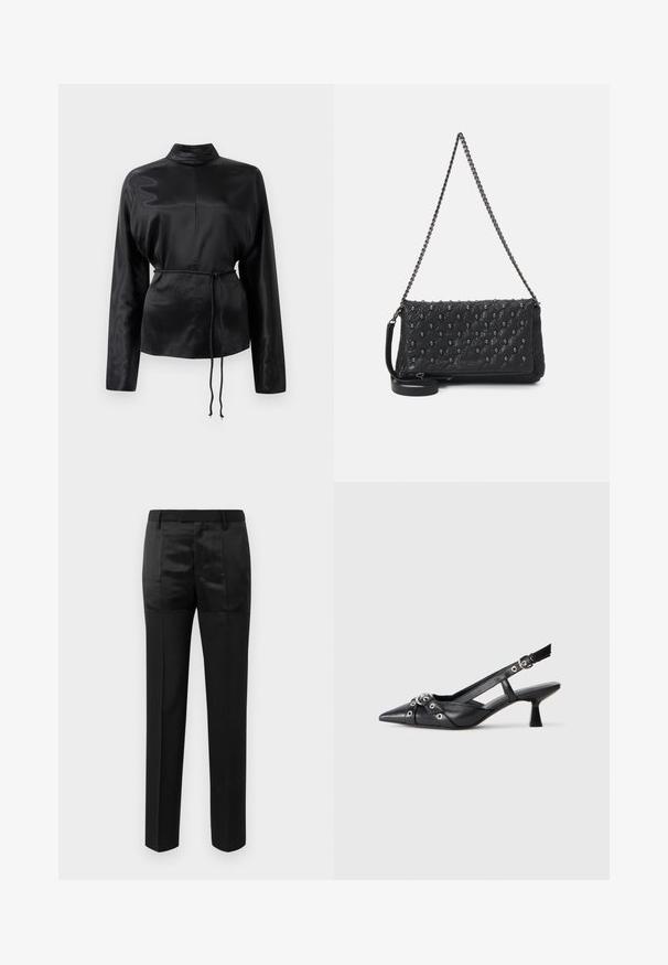 Zwarte satijnen blouse met lange mouwen en een hoge kraag, cinched taille en verstelbaar koorddetail. Glad textuur met een slanke afwerking.; Zwarte op maat gemaakte broek met rechte pijpen en een tailleband met riemlussen, voorzien van een mix van matte en glanzende stofpanelen.; Zwarte leren slingback schoen met een puntige neus, decoratieve banden met metalen oogjes en een lage blokhak. Textuur oppervlak.; Zwarte gewatteerde leren tas met een kettinghengsel, voorzien van schedelaccenten en een ritssluiting. Getextureerd oppervlak met een glanzende afwerking.