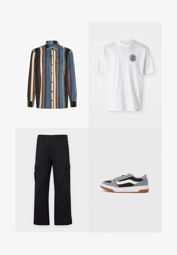 Langermige blouse met verticale strepen in blauw, bruin, wit en zwart, voorzien van een voorzak met een knoopflap.; Witte katoenen t-shirt met een rond logo op de borst. Ronde halslijn, korte mouwen, relaxed fit, met rode en zwarte accenten.; Zwarte cargobroek met een recht gesneden ontwerp. Gemaakt van duurzaam materiaal, met twee zijzakken met klep en een knoopsluiting.; Grijze en zwarte suède sneakers met witte accenten en een gumrubberen zool, met een afgeronde neus en vetersluiting.