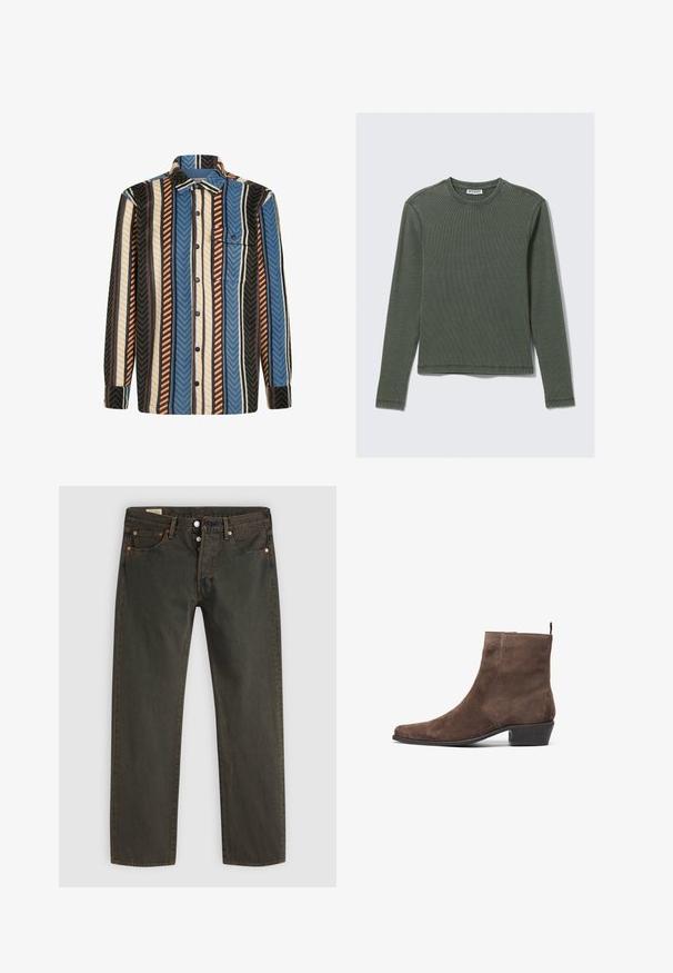 Langermige blouse met verticale strepen in blauw, bruin, wit en zwart, voorzien van een voorzak met een knoopflap.; Lange mouwen, geribbelde top in donkergroen, met een ronde halslijn en rechte zoom. Gemaakt van zachte stof, met minimale naden en geen zichtbare patronen.; Donkergroene jeans gemaakt van denim, met een rechte pijp, vijf zakken, hardware in kopertint en een subtiel waspatroon.; Bruine suède enkelboot met een spitse neus, een lage blokhak en een lus aan de achterkant voor gemakkelijk aan- en uittrekken. Gladde textuur en eenvoudig ontwerp.