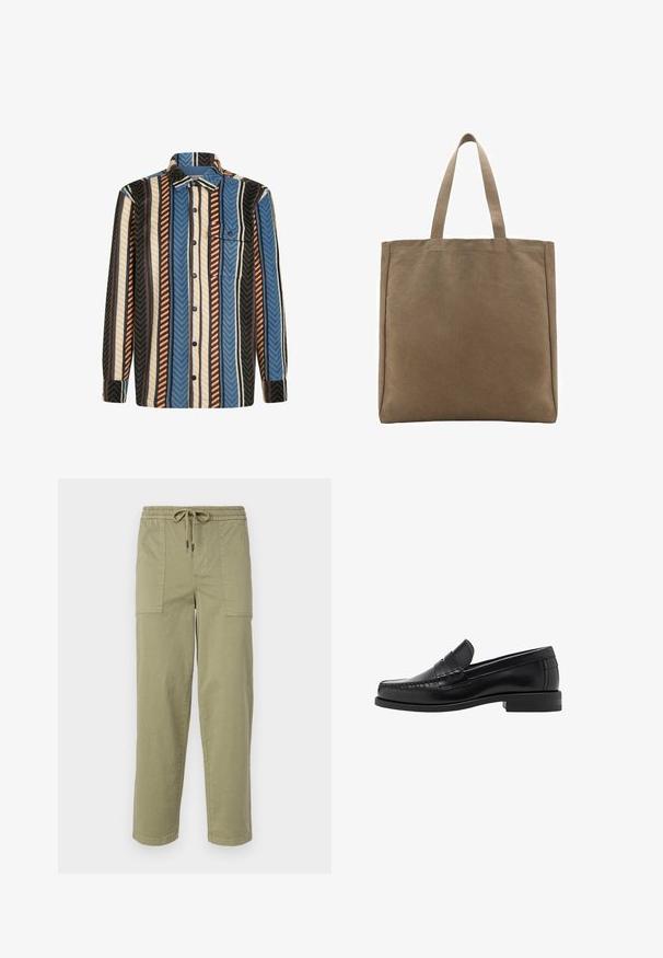 Camicia a maniche lunghe con bottoni, a righe verticali blu, marroni, bianche e nere, con taschino frontale dotato di patta con bottone.; Pantaloni verde oliva chiaro realizzati in tessuto misto cotone, con una vita elasticizzata e cordoncino, e due ampie tasche laterali.; Mocassini in pelle nera con una finitura liscia, dettagli cuciti sulla punta e un design a tacco basso per comfort e stile.; Borsa in tela color beige, con due manici robusti. Forma rettangolare con una superficie liscia e senza decorazioni visibili.