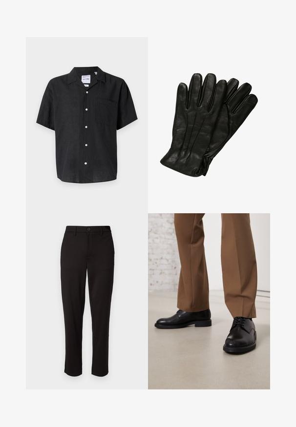 Svart kortermet skjorte med knapper laget av lin. Har en lomme på venstre bryst og hvite knapper som står i kontrast til stoffets tekstur.; Svart bukser laget av lett stoff, med rett ben, frontlukking med knapp, beltehemper og sidelommer.; Svarte lær sko med glatt overflate og rund tå, med snøring og lav, flat såle. Kombinert med brune bukser.; Sorte skinnhansker med en glatt tekstur, fem fingre og subtile sømdetaljer. Klassisk design, egnet for bruk i kalde værforhold.