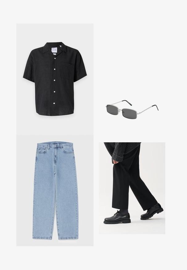 Zwarte korte-mouwen overhemd met knopen, gemaakt van linnen. Bevat een zak op de linkerborst en witte knopen die contrasteren met de textuur van de stof.; Lichtblauwe denim jeans met een recht model, voorzien van een middelhoge taille, vijf zakken en een knoop- en ritssluiting.; Zwarte leren schoenen met een afgeronde neus, vetersluiting en een dikke, getextureerde zool. Draagt een gepaste zwarte broek en een geribbelde trui.; Rechthoekige zonnebril met donkergrijze lenzen, dunne zilveren metalen montuur en zwart rubberen uiteinden van de oorstukken. Minimalistisch ontwerp.; Zilveren ketting met een rechthoekige hanger met ingewikkeld ontwerp, een fijne ketting en een verstelbare sluiting voor lengteaanpassing.