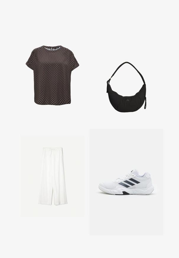Kurzärmliges Oberteil aus dunklem Stoff mit einem geometrischen Dreiecksmuster in Beige und Braun. Runde Ausschnitt mit einem Verschluss auf der Rückseite.; Weiße weit geschnittene Hose mit einem Kordelzugbund, vor einem einfarbigen Hintergrund präsentiert, was ihren lässigen Stil und die Textur des Stoffes betont.; Weißer Sportschuh mit Mesh-Obermaterial, drei schwarzen Streifen an der Seite, strukturierten Akzenten und einer robusten Gummisohle mit einem kontrastierenden schwarzen Bereich.; Schwarze Schultertasche mit kurvigem Design, gepolstertem Stoff, verstellbarem Schultergurt und dezentem Logo. Verfügt über ein Reißverschlussfach und strukturierte Akzente.