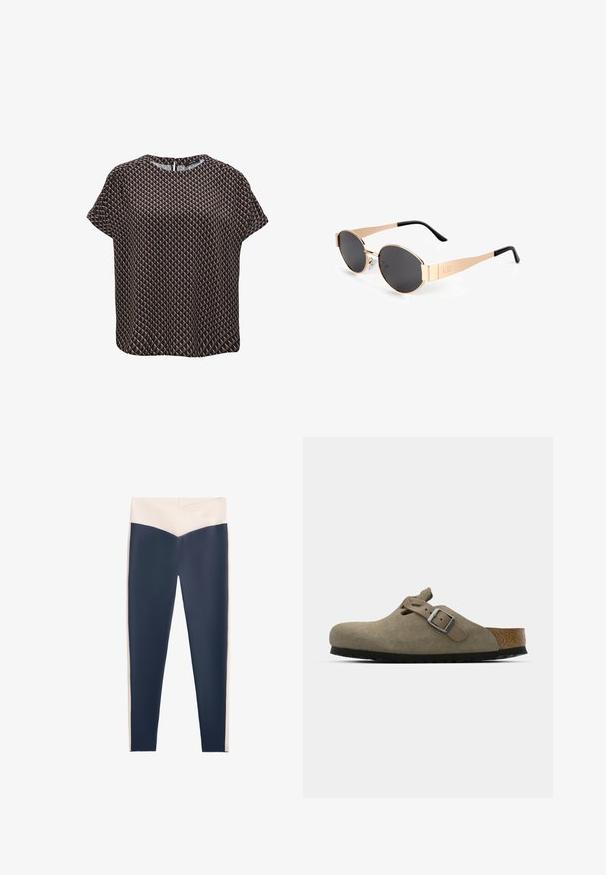 Korte mouwen top van donkere stof met een geometrisch driehoekpatroon in beige en bruin. Ronde halslijn met een sluiting aan de achterkant.; Hoge taille legging met een marineblauwe basis en witte zijpanelen. Gemaakt van rekbare stof met een gladde textuur, geschikt voor sportkleding.; Suède klompen in licht olijfgroen met een gevormde kurk- en rubberen zool. Voorzien van een zijriem met een metalen gesp en een ronde neus.; Gouden ovale zonnebril met donkere lenzen, met een slank ontwerp, dunne armen en een zwarte accent bij de slaap. Modelnummer L37.; Zwarte leren tote bag met twee handvaten, met een dieptebedrukte logo aan de voorkant. Gestructureerde vorm en een gladde textuur. Geen extra accenten.
