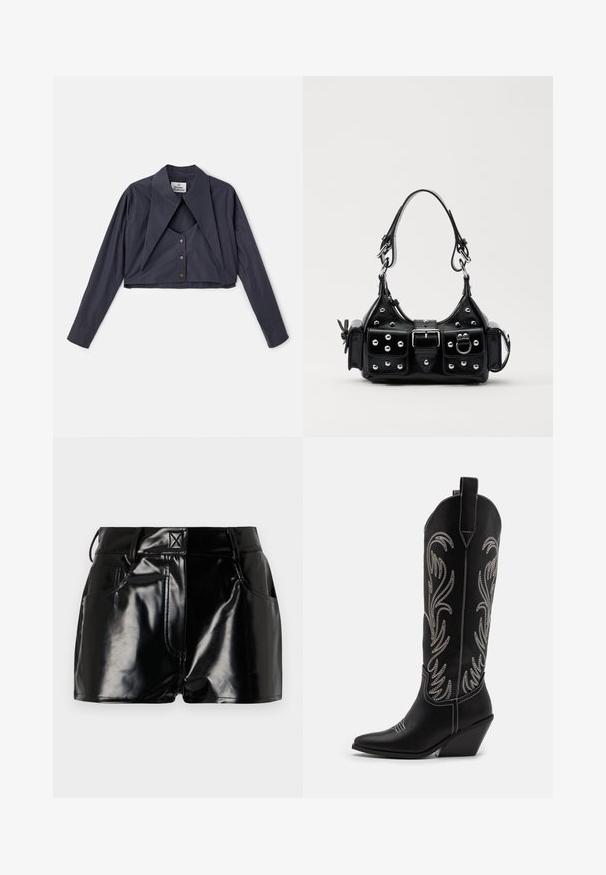 Cropped navy blue shirt with a large pointed collar, long sleeves, and button closure. Made from a smooth, textured fabric.; Black, glossy shorts made of synthetic material. Features a fitted waist, belt loops, and front pockets with prominent stitching details.; Black leather cowboy boots with pointed toes, wedge heels, and silver embroidered floral patterns along the shaft. Contrast stitching throughout.; Black leather handbag with a curved design, featuring silver studs, a buckle, and two side pockets. Adjustable strap for carrying options.