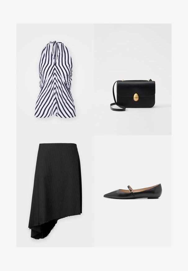 Halterneck kjole med lodrette navy og hvide striber, lavet af letvægtsstof med drapering ved barmen og en flydende form.; Sort nederdel med striber og en asymmetrisk kant, der har rå kanter. Lavet af letvægtsstof med en glat tekstur.; Sorte læder balletflade med spids tå og en side rem med et rundt guldaccent. Letvægts med en flad sål.; Sort læderhandbag med en struktureret rektangulær form. Har et gyldent ovalt lås og en tynd skulderrem. Glat tekstur.