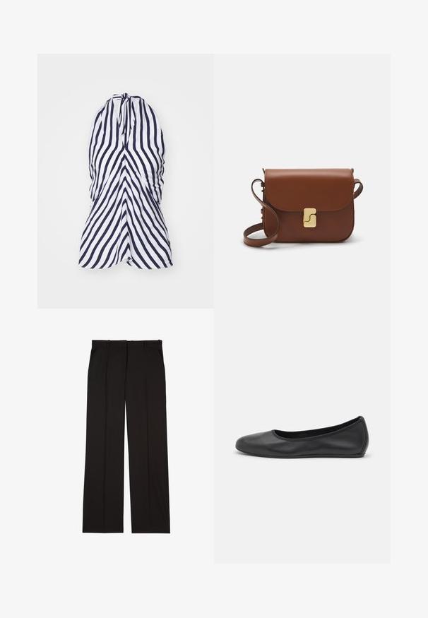 Halterska haljina s vertikalnim mornarsko plavim i bijelim prugama, izrađena od lagane tkanine s nabrane detalje na grudima i lepršavim oblikom.; Crne krojene hlače izrađene od glatkog materijala, s ravnim krojem i dva bočna džepa. Elegantna i minimalistička konstrukcija.; Crne kožne baletanke s zaobljenim vrhom, glatke teksture, minimalnim detaljima šavova i fleksibilnim dizajnom potplata.; Smeđa kožna torba s preklopom, zlatnim detaljima, remenom za nošenje preko ramena i glatkom teksturom. Kompaktni pravokutni oblik.