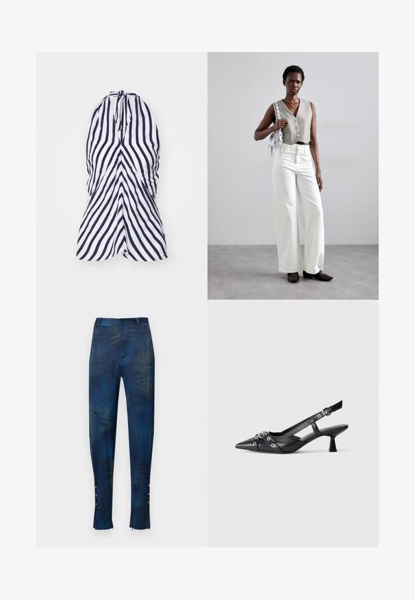 Halter kaela kleit, mis on kaunistatud vertikaalsete tumesiniste ja valgetetriipude ning kergest kangast, kus on rippuv detalj rinnaosas ja voolav kuju.; Sinine ja roheline mustriga püksid kitsase lõikega, millel on sile tekstuur ja dekoratiivsed nööbid pahkluude juures.; Must must have must toote tõmblukuga, dekoratiivsed rihmad metallist silmadega ja madal blokk-kand. Tekstureeritud pind.; Hallitatud hall vest nööpidega, koos valgete laia säärega teksade ja mustade lameda tallaga kingadega. Kaunistatud väikese hõbedase frantsiisiga kotiga.