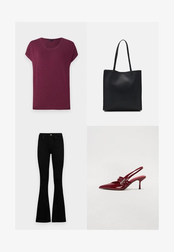 Burgundijas īsām piedurknēm T-krekls ar noapaļotu kakla izgriezumu, izgatavots no mīksta auduma, ar rullētām piedurknēm un taisnu apakšmalu.; Melni augsta jostas šorti ar pogu un rāvējslēdzēju, priekšējām kabatām un izplestām kājām, nolikti uz balta fona.; Sarkana lakota ādas kurpju kurpes ar atvērtu papēdi, norādītu purngalu, divām sprādzēm un slaidu, vidēja augstuma stiletu papēdi. Gluda tekstūra.; Melnas ādas somiņa ar gludu tekstūru, taisnstūra formu un divām garām rokturiem. Nav redzamu aparatūras vai rotājumu.