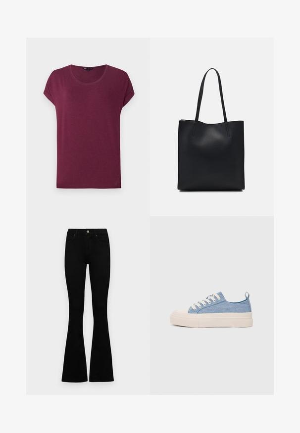 Bordó, rövid ujjú póló, kerek nyakkal, puha anyagból készült, felgöngyölt ujjak és egyenes alsó résszel.; Fekete, magas derekú farmernadrág gomb- és cipzárzárral, elülső zsebekkel és harangszárral, laposan egy fehér háttérre terítve.; Világoskék vászon sportcipők, krémszínű gumitippel és talppal, fehér fűzőkkel és egy húzófüllel a sarkán.; Fekete bőrtáska sima felszínnel, téglalap alakú, két hosszú füllel. Nincs látható fémkiegészítő vagy díszítés.