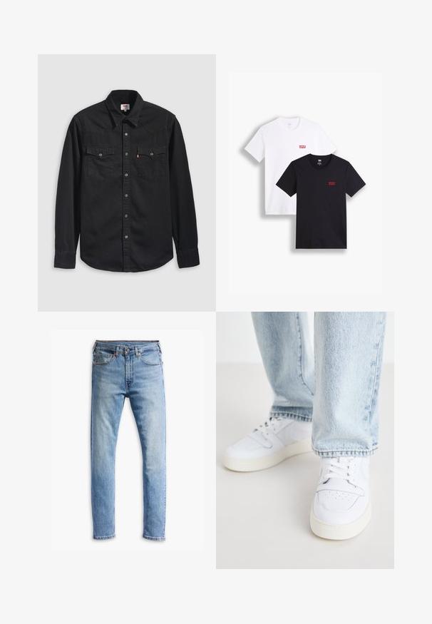 Camisa de ganga preta com fecho frontal de botões, dois bolsos no peito e gola pontiaguda com detalhes de costura visíveis.; Duas t-shirts de mangas curtas: uma branca e uma preta. Ambas feitas de algodão com um logótipo vermelho da Levi's no peito. Design simples de gola redonda.; Jeans de denim azul claro com um corte straight, cinco bolsos, fecho de botão e um desbotamento sutil por toda a peça.; Sneakers brancos de couro de cano baixo com biqueira perfurada, atacadores planos e design minimalista. Combinados com jeans de ganga de cor azul clara.