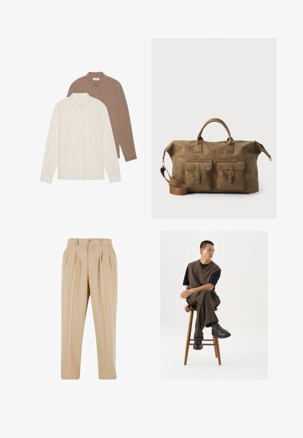 To lange langærmede skjorter: en cremefarvet og en brun, begge med knapkraver, synlig stofstruktur, enkelt design og synlige mærker.; Beige plisserede bukser med lige ben-design, lavet af glat stof, med en knaplukning og løkker til bælte i taljen.; Brun strikket vest over en sort t-shirt, parret med brune vidde bukser og sorte chunky sko, siddende på en træstub.; Brun læder duffel taske med to forlommer, justerbar skulderrem, guldfarvet hardware og robuste top håndtag. Glat tekstur.