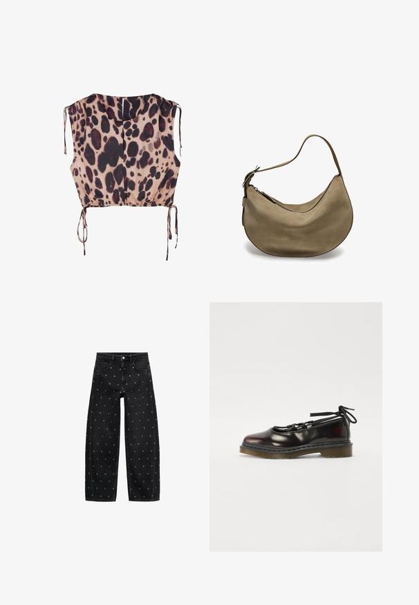 Korte top van lichte stof met een beige basis en een donkerbruine panterprint. Geraffineerde zoom met verstelbare strikdetails aan de zijkanten.; Donkerblauwe langwerpige top met witte horizontale strepen, ronde hals en cropped zoom. De stof lijkt zacht met een textuur afwerking.; Zwarte denim wide-leg jeans met een patroon van kleine zilveren oogjes, met een klassieke vijf-pocket design en een knoopsluiting aan de voorkant.; Glanzend donkerrode schoen met een afgeronde neus, vetersluiting, rubberen zool en zwarte veters, met zilverkleurige hardware en gestikte randen.; Bruine suède hobo tas met een gebogen vorm, enkele schouderband, ritsluiting en een gladde textuur. Eenvoudig ontwerp met minimale hardwaredetails.