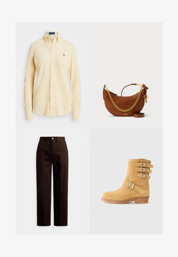 Camisa de manga longa, de botões, em algodão macio e amarelo claro. Apresenta um colarinho clássico e um logotipo bordado no lado esquerdo do peito.; Calças castanho-escuro de perna reta com fecho de botão e fecho éclair, passantes para cinto e bolsos frontais contra um fundo branco.; Bota de cano baixo em camurça amarela com três fivelas laterais, biqueira arredondada e salto empilhado em madeira. Superfície texturizada para melhor aderência.; Bolsa de mão de couro castanho com um design curvado, alça de corrente dourada, bolso interior e uma alça de ombro destacável. Apresenta costura em contraste.