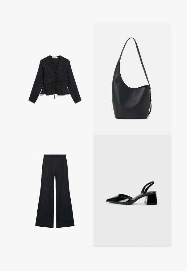Schwarze Bluse mit langen Ärmeln, strukturiertem Muster, gerafftem Vorderteil und Kordelzugdetails. Ausgestellt geschnitten mit tiefem V-Ausschnitt.; Schwarze weit geschnittene Hose mit glatter Textur, ausgestattet mit Frontfalten und einem taillierten Design. Der Stoff ist leicht und fließend.; Schwarze Lackleder-Slingback-High Heels mit spitzem Schuh und einem geometrischen Blockabsatz. Verfügt über ein schlankes, minimalistisches Design und eine glatte Textur.; Schwarze Leder-Hobo-Tasche mit einer glatten Textur, geschwungener Form und einem einzelnen verstellbaren Tragegurt; verfügt über eine weite Öffnung am oberen Ende.
