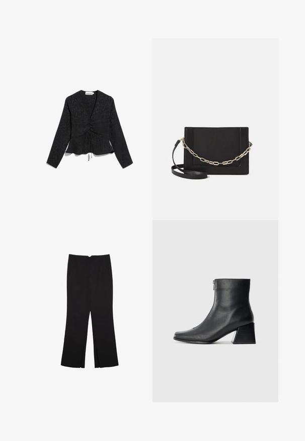 Blusa nera a maniche lunghe con motivo a texture, davanti arricciato e dettaglio con cordino. Orlo svasato e scollatura a V profonda.; Pantaloni neri a gamba dritta, con tasche frontali e spacchi laterali all'orlo. Realizzati in tessuto morbido e liscio. Adatti a diverse occasioni.; Stivaletto in pelle nera con punta quadrata, cerniera laterale e tacco squadrato su sfondo chiaro uniforme.; Borsa a tracolla nera in pelle con una texture liscia, forma rettangolare e dettaglio in catena metallica sul davanti. Inclusa una tracolla regolabile.