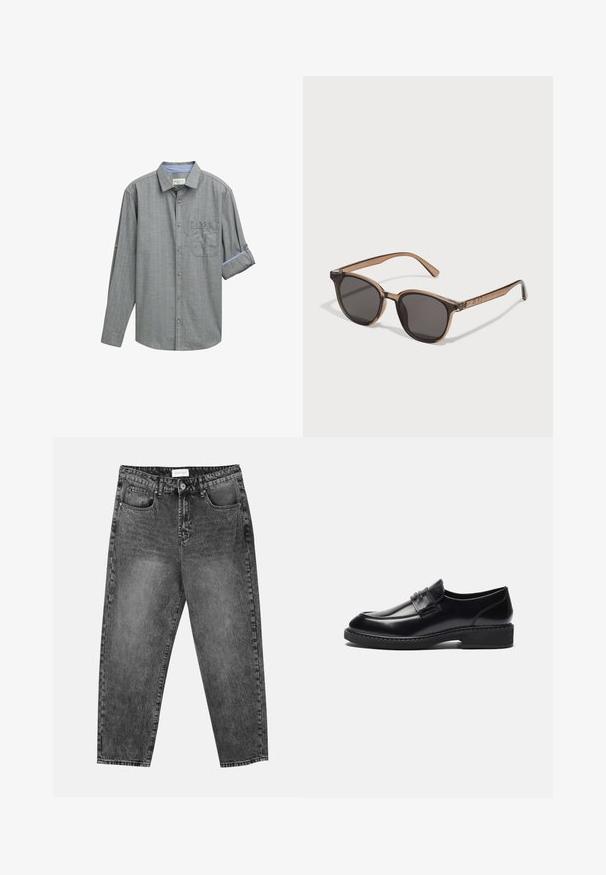 Camicetta grigia a maniche lunghe con motivo a quadri, colletto button-down, una tasca sul petto e polsini arrotolati con accento blu.; Set di cinque t-shirt a manica corta in bianco, beige, grigio chiaro, grigio scuro e nero. Realizzate in cotone morbido, con design a girocollo.; Jeans neri con lavaggio, a gamba dritta, con tasche frontali e posteriori, passanti per cintura e chiusura a bottone in vita.; Zign LEATHER - Mocassini eleganti - black; Occhiali da sole in plastica marrone con lenti scure, forma arrotondata e bracci affusolati. Decorazione notevole sulle tempie.; Borsa da viaggio nera con manici spessi e una tracolla removibile. Realizzata in tessuto liscio, presenta una chiusura a zip e un design minimalista.