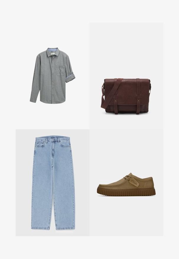 Camicetta grigia a maniche lunghe con motivo a quadri, colletto button-down, una tasca sul petto e polsini arrotolati con accento blu.; Jeans in denim azzurro chiaro con design a gamba dritta, caratterizzati da una vita media, cinque tasche e chiusura con bottone e zip.; Scarpe in suede marrone chiaro con punta arrotondata, dettagli cuciti e suola in gomma marrone a righe. Presentano un'etichetta laterale con il logo "Clarks".; Borsa a tracolla in pelle marrone con un davanti piatto, due cinghie, dettagli in metallo dorato e una tracolla regolabile.