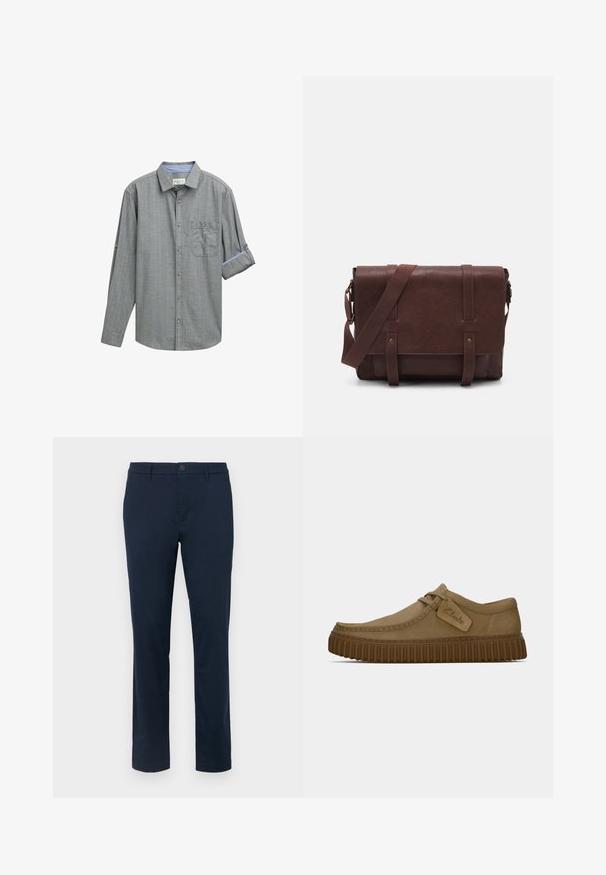 Sivá dlhá košeľa s dlhým rukávom s kockovaným vzorom, golier s gombíkmi, jedna náprsné vrecko a vyhrnuté manžety s modrým akcentom.; Tmavomodré chinos vyrobené z hladkej tkaniny. Priamy strih s jedným gombíkom a pútkami na opasok. Žiadne viditeľné vzory ani akcenty.; Svetlohnedé semišové topánky s okrúhlym špičkou, prešitou detailnou úpravou a ribbovanou hnedou gumovou podrážkou. Obsahujú bočný štítok s logom "Clarks".; Hnedá kožená messenger taška s plochým predným klopom, dvoma popruhmi, zlatými kovovými detailmi a nastaviteľným ramenným popruhom.