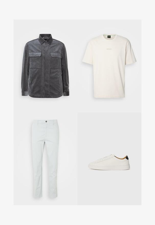 Fekete és szürke csíkos kordbársony ing, gombos gallérral, két mellen lévő zsebbel és hosszú ujjakkal. Texturált anyag, sima felülettel.; BOSS TEE - Basic póló - open white; Világoszöld, egyenes fazonú pamut nadrág, elülső gombos záródással és oldalsó zsebekkel. Sima textúra, minták nélkül.; Fehér sportcipő sima bőr felsőrésszel, kerek orral és lapos talppal. Fekete akcentus a saroknál, tonális fűzőkkel és minimális márkajelzéssel.