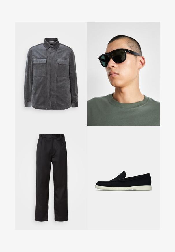 Fekete és szürke csíkos kordbársony ing, gombos gallérral, két mellen lévő zsebbel és hosszú ujjakkal. Texturált anyag, sima felülettel.; Fekete nadrág sima anyagból, elülső gombos záródással, redőkkel és egyenes szárral. Nincsenek látható minták vagy díszítések.; Fekete slip-on cipő, lekerekített orral, texturált felsőrésszel, sima fehér talppal és diszkrét logóval az oldalán.; Fekete, téglalap alakú napszemüveg sötét lencsékkel, jellegzetes formával és márkajelzéssel a szárán. Zöld inget viselő személynél.