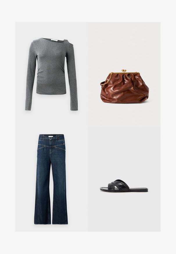 Pelēks garās piedurknes krekls, kas izgatavots no mīksta auduma, ar laivu formas kakla izgriezumu un vienu pleca izgriezumu, kuram ir neliela drapējuma detaļa sānos.; Plati kāju džinsi, izgatavoti no tumši zaļa džinsu auduma, ar augstu vidukli, divām priekšējām kabatām un atšķirīgu vīļu apdari.; Melni slide čības ar gludu ādas apdari, ar krustveida siksnām un izgriezumiem, kā arī platu, elastīgu zoli.; Brūns ādas clutch soma ar zelta aizdari un īsu zelta ķēdes rokturi, kas iezīmējas ar mīkstu, sakļautu tekstūru uz baltā fona.