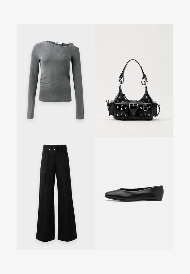 Grauer Langarmoberteil aus weichem Material, mit einem Boot-Ausschnitt und einem einzelnen Schulter-Ausschnitt, der an den Seiten leicht gerafft ist.; Schwarze weit geschnittene Hose mit hohem Bund, großen Seitentaschen, zwei vorderen Knöpfen und einer Schlaufen-Detail. Aus robustem Stoff gefertigt.; Paul Smith TOPANGA - Klassischer Ballerina - black; Schwarze Lederhandtasche mit einem geschwungenen Design, verziert mit silbernen Nieten, einer Schnalle und zwei seitlichen Taschen. Verstellbarer Träger für verschiedene Tragemöglichkeiten.