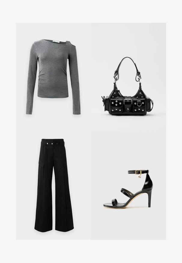 Hall hõlmadega hall pikkade varrukatega topp, mis on valmistatud pehmest kangast, omades paadi kaelust ja ühte õlavarre avatud detaili, millel on külgedel kerge volang.; Mustad laiad püksid kõrge vöökohtaga, suured küljetaskud, kaks esimest nööpi ja silmuse detailiga. Valmistatud tugevast kangast.; Must musta nahk sandaal kolme rihmaga, pahkluu vööga ja 4-tollise stilettakontsaga. Omab kuldset detaili ja logovõtit.; Must värvi nahast käekott, millel on kaarjas disain, hõbedased nupukesed, kinnitusahe ja kaks külgtaskut. Reguleeritav rihm erinevate kandmisvõimaluste jaoks.