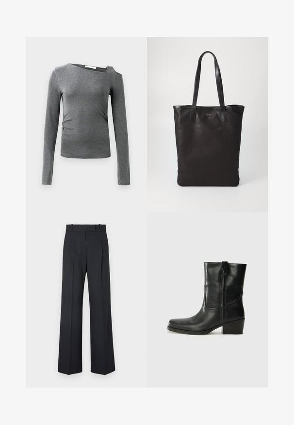 Grauer Langarmoberteil aus weichem Material, mit einem Boot-Ausschnitt und einem einzelnen Schulter-Ausschnitt, der an den Seiten leicht gerafft ist.; Dunkelblaue Nadelstreifenhosen mit hoher Taille, weit geschnittenem Bein und ohne sichtbare Beschläge oder Verzierungen. Glatte Textur und taillierte Passform.; Schwarze Leder-Ankle Boots mit runder Zehenform, Blockabsatz, seitlichem Reißverschluss und gestickten Akzenten auf dem Blatt. Glatte Textur, klassisches Design.; Schwarze Stofftote mit schwarzen Ledergriffen. Einfaches Design, geräumiger Körper und glatte Textur. Keine sichtbaren Logos oder Muster.