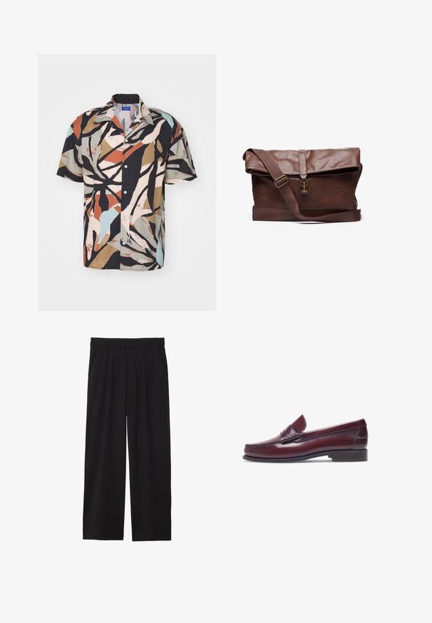 Kurzarm-Hemd mit Knöpfen, das ein mehrfarbiges abstraktes Blättermuster auf schwarzem Hintergrund zeigt, aus leichtem Stoff und mit lockerer Passform.; Schwarze, weite Hose mit gefälteltem Vorderteil, seitlichen Taschen und einer glatten Stoffstruktur. Entworfen für eine entspannte Passform.; Burgunderfarbene Lederloafer mit abgerundeter Zehenform, gestickten Details und einem kleinen dekorativen Akzent auf dem Blatt. Flache, kontrastierende Sohle.; Braune Leder-Umhängetasche mit einem umklappbaren Deckel, verstellbarem Tragegurt, Metallbeschlägen und glatter Oberfläche. Enthält einen Frontverschluss mit Schlaufe.; Quadratische Quarz-Armbanduhr mit einem weißen Zifferblatt, blauen Zeigern, römischen Ziffern, einem Datumsdisplay und einem schwarzen Lederarmband mit strukturiertem Finish.
