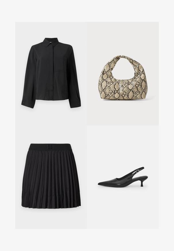 Fekete gombos ing, éles gallérral, hosszú ujjakkal, egységes mellzsebbel és texturált anyaggal. Egyenes szabású, díszített mandzsettákkal rendelkezik.; Fekete, pliszírozott szoknya sima textúrával, egyszínű fekete derékrésszel és a fronthoz írt logóval.; Fekete bőr szandálcipő hegyes orral és karcsú, ívelt sarokkal. Diszkrét, állítható pánttal rendelkezik, fém csattal.; Kígyómintás kézitáska ívelt fogantyúval. Texturált, bézs és barna anyagból készült, jellegzetes gyémántmintával.