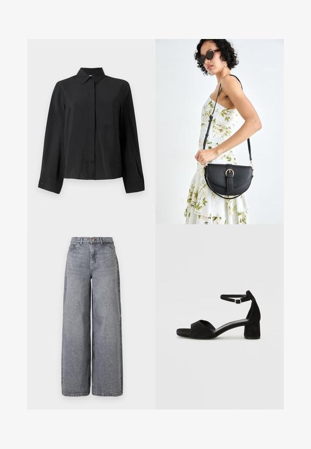 Schwarzes Hemd mit Knöpfen, das einen klaren Kragen, lange Ärmel, eine einzelne Brusttasche und Textilstruktur aufweist. Es hat einen geraden Schnitt und Manschettendetails.; Weite Denim-Jeans in einer ausgewaschenen grauen Waschung, mit fünf Taschen, einem Knopfverschluss und einer weichen Textur mit dezenten Wischdetails.; Schwarze Wildleder-Espadrilles mit einem dünnen Knöchelriemen, offener Zehenpartie und moderatem Blockabsatz. Glatte Textur und minimale Akzente.; Schwarze Lederhandtasche mit geschwungener Form, abnehmbarem Tragegurt und goldenen Beschlägen. Die Tasche verfügt über einen Deckel mit einer Schnallen-Details.