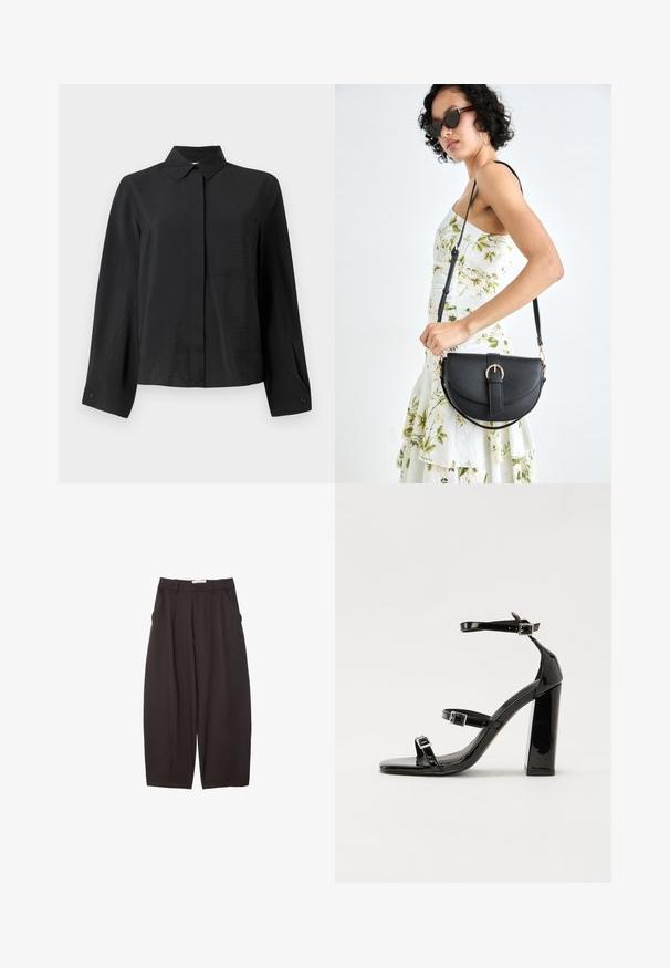 Crna košulja na dugih rukava s oštrim ovratnikom, jednim džepom na prsima i teksturiranom tkaninom. Ima ravni kroj i detalje na manžetama.; Crne široke hlače napravljene od glatke tkanine, s visokim strukom, prednjim nabranjima i bočnim džepovima. Jednostavan dizajn bez ukrasa.; Crne lakirane sandale na visoku petu s dva remena s kopčama, kvadratnim vrhom i masivnom blok petom, s glatkom, sjajnom teksturom.; Crna kožna torba s lukovitim oblikom, odvojivim remenom i zlatnim detaljima. Torba ima preklop s kopčom.