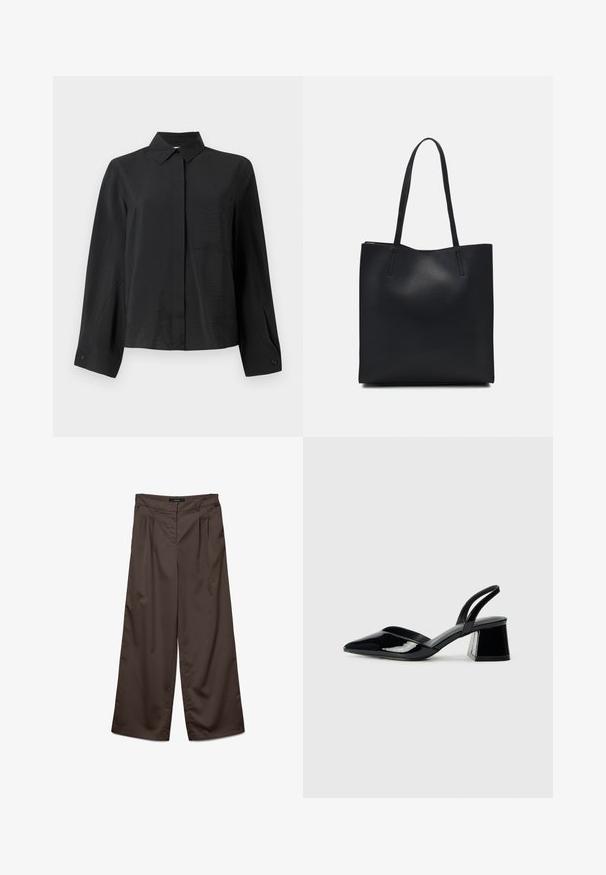 Svart skjorta med knappar, krispig krage, långa ärmar, en bröstficka och textil med struktur. Har en rak passform och manschettdetaljer.; Breda byxor i mörkbrunt tyg med en slät textur. Funktioner inkluderar veck framtill och ett standard midjeband.; Svarta lackläder slingback klackar med spetsig tå och geometrisk klack. Har en elegant, minimalistisk design och slät yta.; Svart lädertoffelväska med slät textur, rektangulär form och två långa handtag. Ingen synlig hårdvara eller dekorationer.