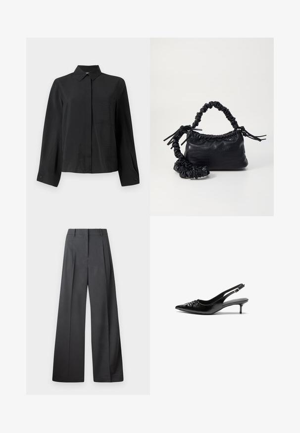 Camisa preta de botões com colarinho rígido, mangas longas, um bolso no peito e tecido texturizado. Apresenta um corte reto e detalhes nos punhos.; Calças de perna larga em tecido cinza escuro, apresentando uma cintura alta, pregas simples e uma textura suave com um acabamento limpo nas bainhas.; Sapatos de salto alto slingback em couro preto com bico fino, pequeno salto kitten e um detalhe decorativo em forma de nó na parte da frente. Textura suave em toda a parte.; Bolsa de mão em couro sintético preto com textura de crocodilo, topo franzido e alça enrugada. Apresenta um design suave e compacto.