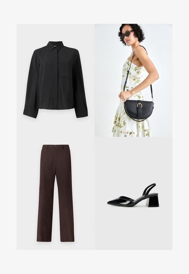 Must musta särk, millel on terav krae, pikad varrukad, üks rinna tasku ja tekstuurne kangas. Omab sirget lõiget ja mansettide detaili.; Pruunid laia säärega püksid, millel on sile tekstuur, nööpidega kinnitussüsteem, esimesed taskud ja kohandatud disain ilma nähtavate mustriteta.; Mustad musta lakknahk kingad, millel on terav varvas ja geomeetriline plokkkonts. Omab elegantselt minimalistlikku disaini ja sujuvat tekstuuri.; Mustmust mustraha kõverate joontega, eemaldatava rihmaga ja kuldsete detailidega. Kotil on klapp, millel on pandladetail.