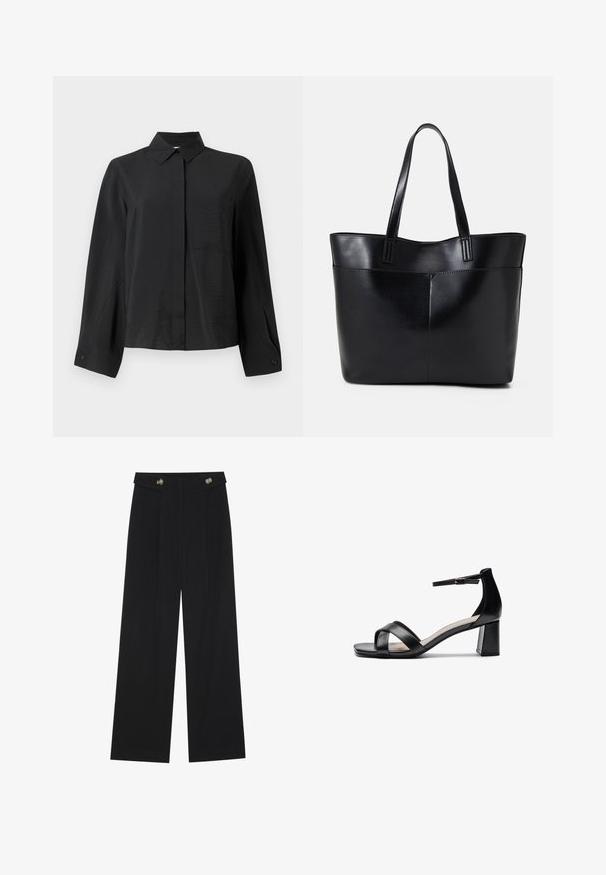 Juodas marškiniai su apykakle, ilgomis rankovėmis, vienu krūtinės kišeniu ir tekstūruota medžiaga. Turi tiesų kirpimą ir rankogalių detalizaciją.; Juodi plačios kojos kelnės su aukštu liemeniu, sagų detalėmis ant liemens ir priekinėmis raukšlėmis.; Juodos atviros pirštų aukštakulnės šlepetės su kryžminėmis dirželiais, reguliuojamu kulkšnies dirželiu ir masyviu kulnu, pasižyminčios lygaus odos tekstūra.; Juoda odinė rankinė su dviem ilgais diržais, lygiu paviršiumi ir struktūrizuota forma. Yra priekinė kišenė papildomam saugojimui.