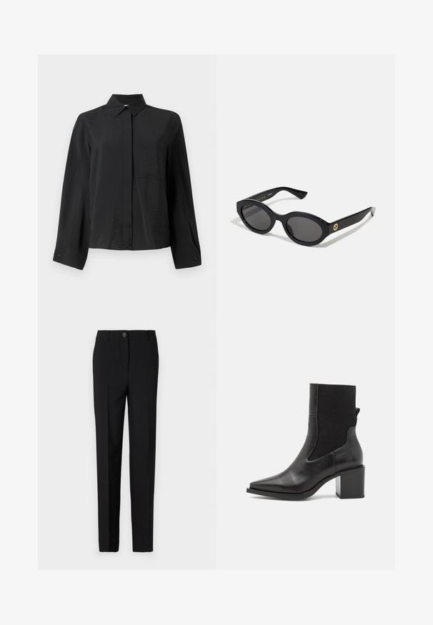Black button-up shirt with a crisp collar, long sleeves, single chest pocket, and textured fabric. Features a straight cut and cuff detailing.; Black tailored trousers with a straight leg design, featuring a button fastening and belt loops, made from smooth fabric.; Black ankle boot with a pointed toe, made of smooth leather and elastic fabric. Features a block heel and minimalist design.; Black oval sunglasses with dark lenses and glossy plastic frame. Features gold logo on the temple, offering a sleek and modern design.; Blue patterned handbag made of fabric, featuring a curved shape, black leather strap, and logo design in a lighter shade.