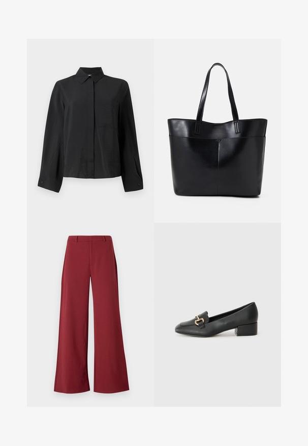 Črna srajca s kratkimi gumbi in svežim ovratnikom, dolgimi rokavi, enim žepom na prsih in teksturirano tkanino. Ima pravilen kroj in podrobnosti na manšetah.; Hlače širokih nogavice v temno burgundski barvi. Narejene iz gladkega, raztegljivega materiala z oblikovanimi šivi in sprednjim zadrgo.; Črne usnjene loafersice s ravnim petkom, ki imajo dekorativen zlat detajl spredaj in gladko teksturo.; Črna usnjena torba z dvema dolgima ročajema, gladko teksturo in strukturirano obliko. Ima sprednji žep za dodatno shranjevanje.