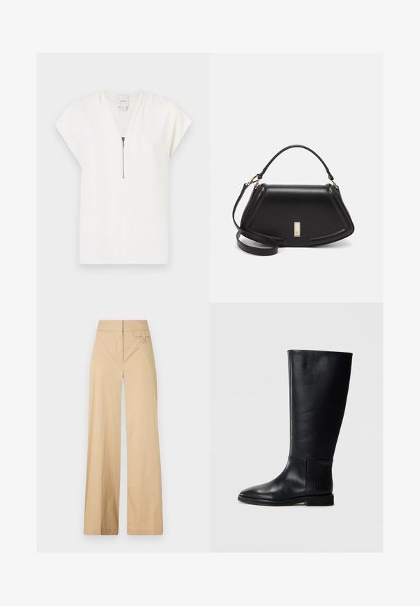 Vit kortärmad topp med V-ringning och en silverfärgad dragkedja framtill, tillverkad av slät och lätt tyg. Minimalistisk design.; Beiga vida byxor i bomullsmix. Har en slät yta, elastisk midja och en sidoknappdetalj.; Svart läderknähöga stövlar med rund tå, slät textur, minimalistisk design och platt sula. Enkla sömdetaljer på skaftet.; Svart läderhandväska med en strukturerad design, som har en avskuren form, ett handtag upptill och guldiga detaljer. Justerbar axelrem ingår.