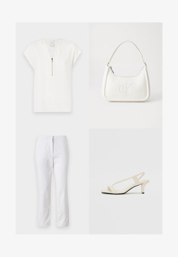 Top bianco a maniche corte con scollatura a V e dettagli con zip argentata sul davanti, realizzato in tessuto morbido e leggero. Design minimalista.; Pantaloni bianchi in cotone con design a gamba dritta, caratterizzati da una vita a media altezza e senza hardware o motivi visibili. Tessuto liscio su tutta la superficie.; Sandali con tacco a blocco beige, con sottili cinturini e punta quadrata. Materiale liscio con dettagli minimi, progettati per un facile utilizzo.; Borsa a tracolla in pelle bianca con forma curva, dotata di un logo "CK" impresso sul davanti e una singola tracolla. Chiusura a zip nella parte superiore.